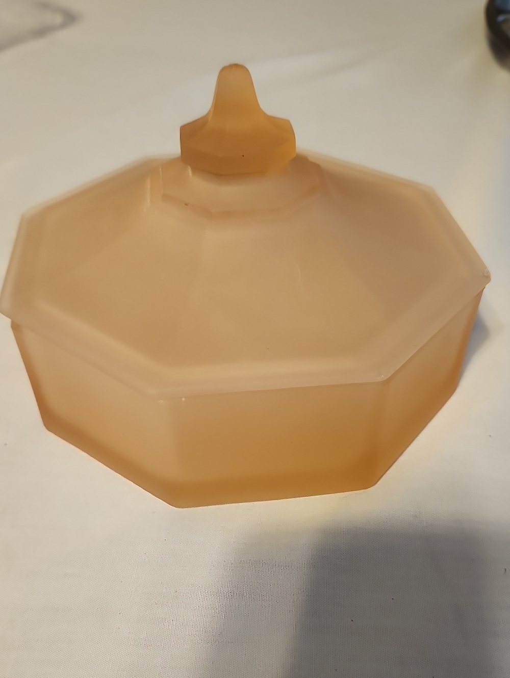 Vintage Art Deco Pink Satin Glass PowderJar featuring an Octogontal Design W Lid